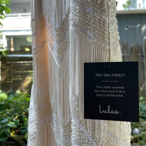 NWT Lulus White Sequin Fringe Midi Dress XS Art Deco Square Neckline with Straps - Picture 14 of 14